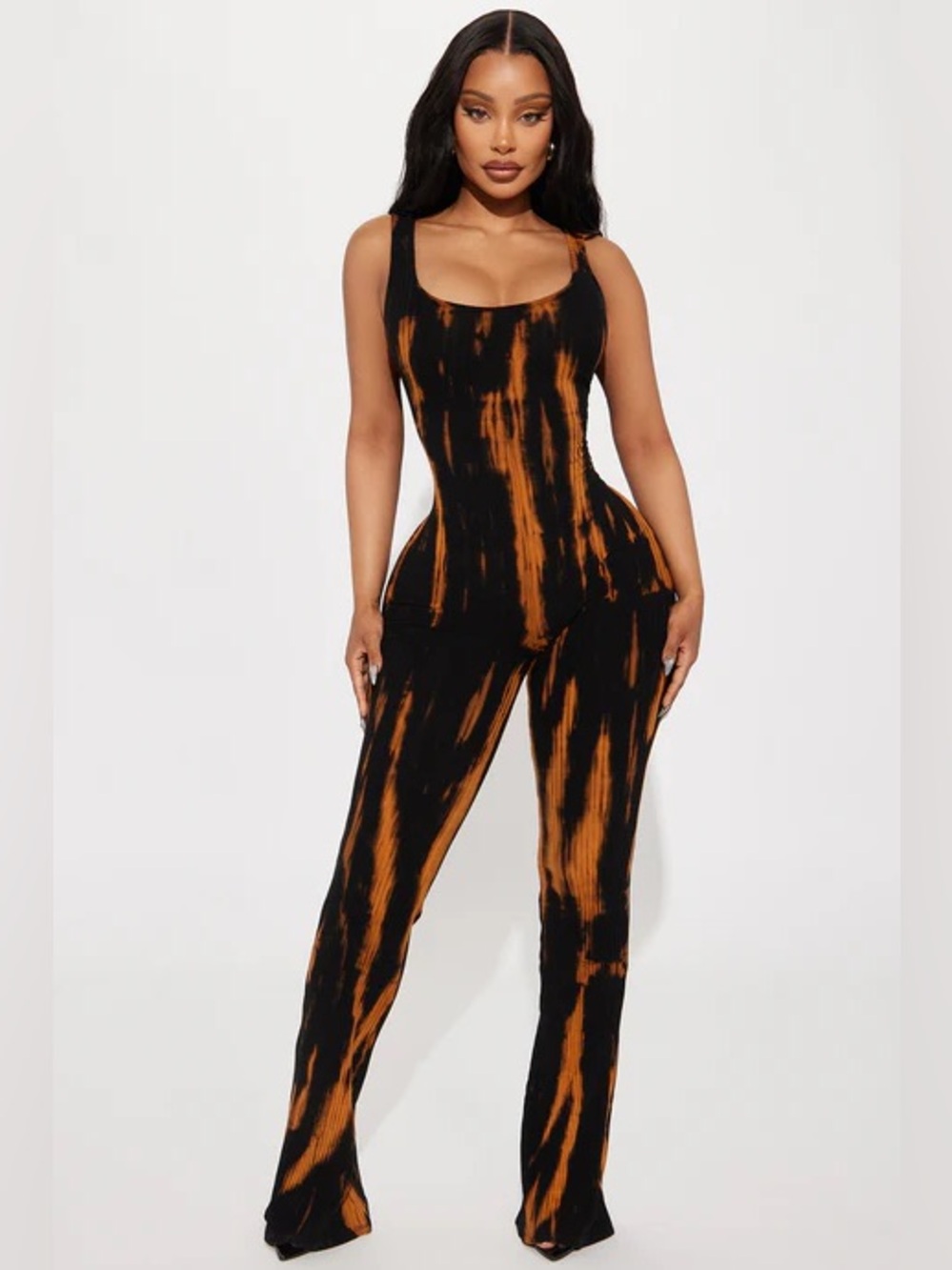 Fashion Nova Black & Orange Tie-Dye Scoop Neck Jumpsuit NWOT